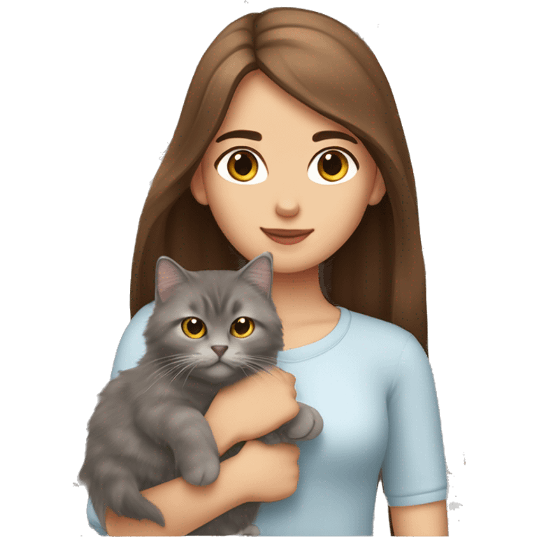  Chestnut brown straight hair girl holding fluffy Siberian gray cat  emoji