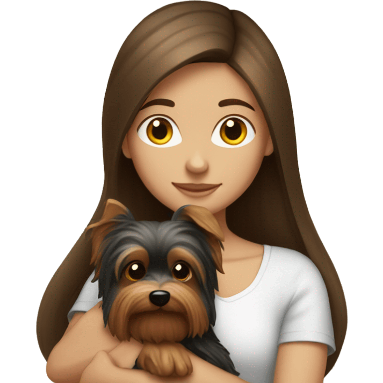 Brunette girl with brown long hair, hugging her yorkie, white emoji