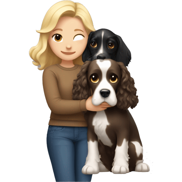 A blonde girl in a brown sweater hugs a black and white English Cocker Spaniel dog emoji