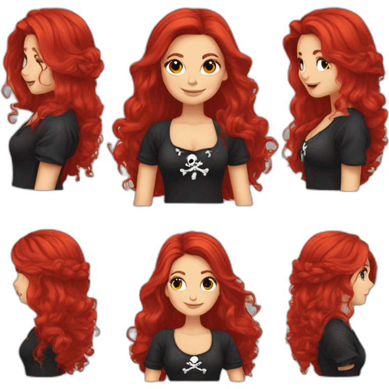 Woman long red hair single plat. Shirt hair on other, pirate hat, skull and crossbones t shirt emoji