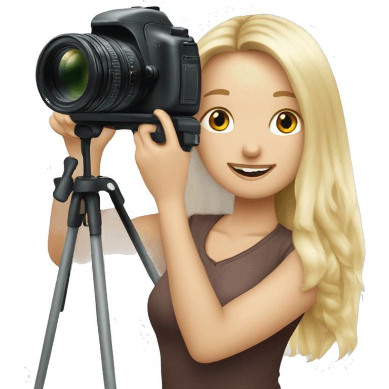 Blonde long haired girl taking a picture with a professional camera  emoji