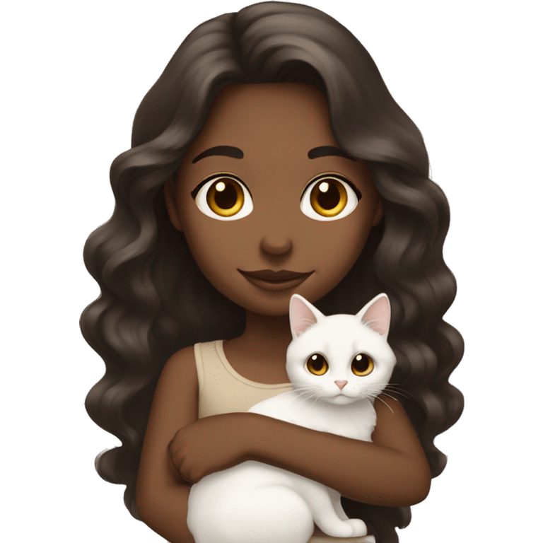 Tan girl with dark brown long wavy hair holding a white cat emoji