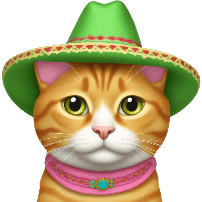 8-year old orange tabby cat with white belly, chest, and lower face. His nose and inside of ears are pink. Light green eyes. No collar but he has a Mexican sombrero on his head. He is fat. He doesn't like wearing the hat. emoji