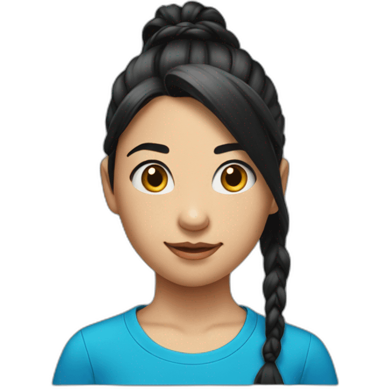 11 years old girl’s portrait with blue t shirt and long black hair tied back in a ponytail  emoji