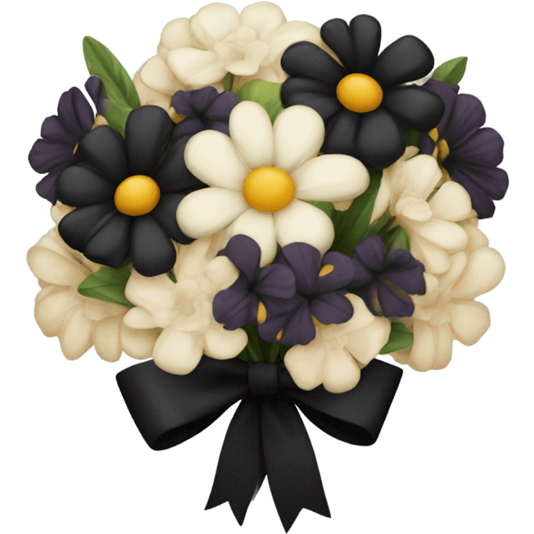 black bouquet of different flowers tied together with black bow emoji