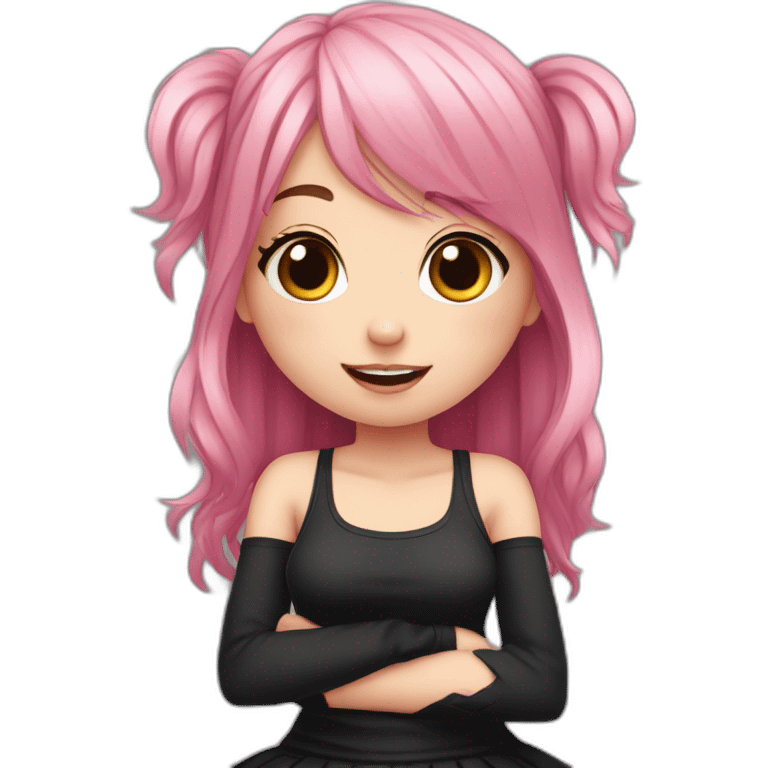 Full body Front view curvy emo girl pink hair sits on the floor straight view hands up black skirt полосатые рваные чулки emoji