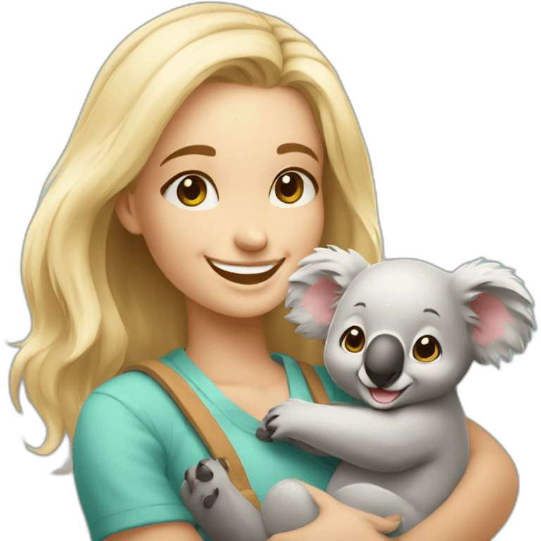 Cute happy smiling blonde girl warm holding cute koala emoji