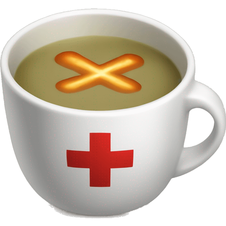 "A cup of hot soup with a red cross." emoji