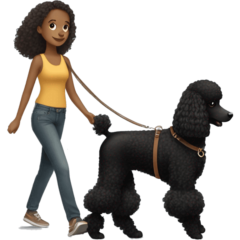 3 legs One Small unshaved Black Poodle with brown harness is walking with a black long hair pretty girl emoji