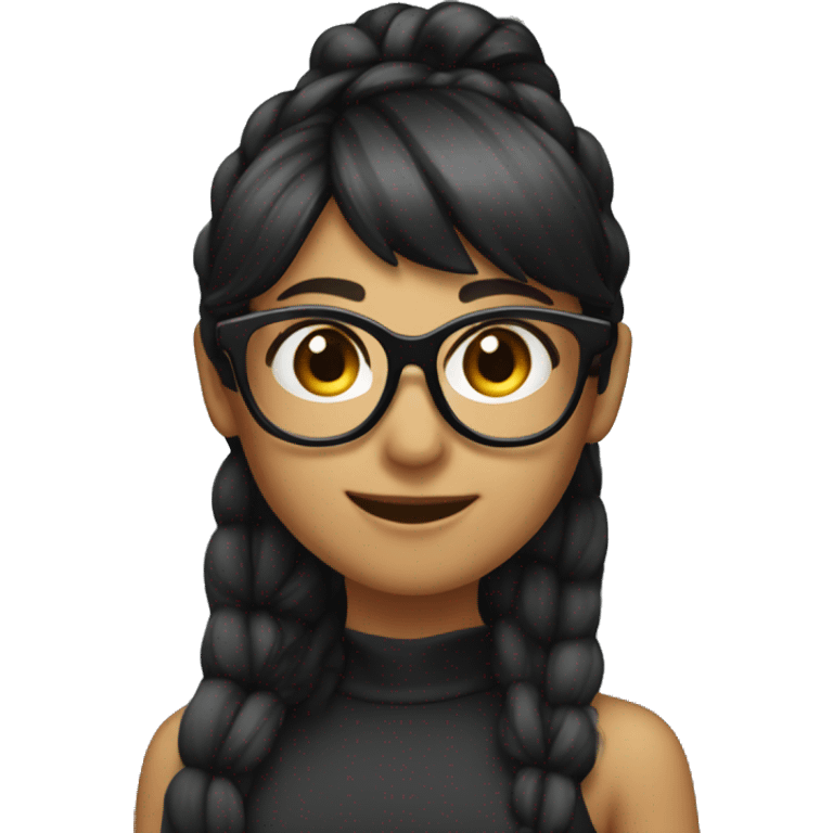 female, bangs on ponytail, black hair, black glasses, cute smile, note emoji