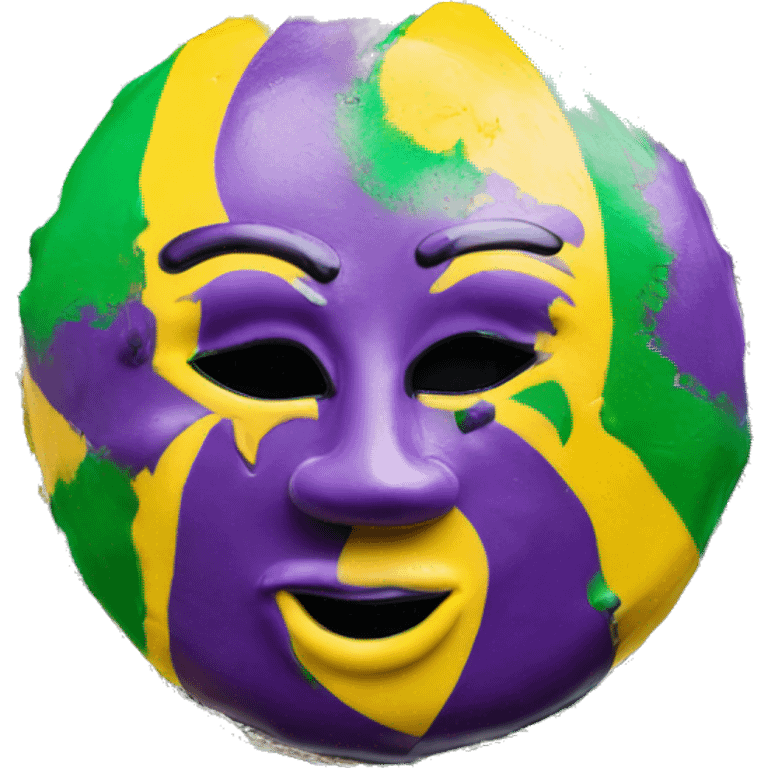 Mardi gras king cake full image on silver platter with mardi gras beads laying across the cake emoji