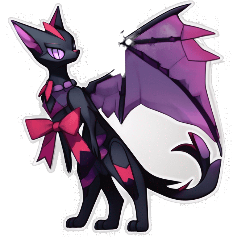  Cool cute edgy cartoon black purple red ethereal fantasy beautiful elegant nargacuga-Noivern-cat-Fakemon collar harness bow tie and bracers full body emoji