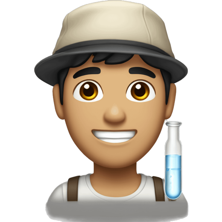 "Light-skinned Latino male with short black hair, wearing a backward cap front to back. Brown eyes, slightly thick lower lip, smiling. Holding a test tube in one hand and a vide emoji