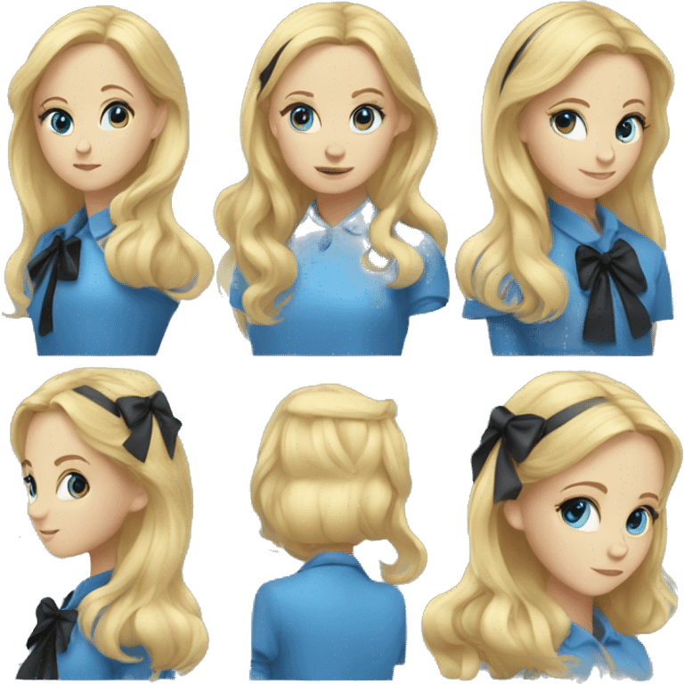 alice blonde girl in blue clothes with a black bow on hair emoji