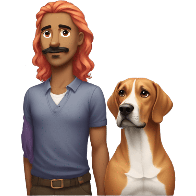 white male with long rainbow colored hair and curled mustache standing alongside a brown rhodesian ridgeback dog emoji