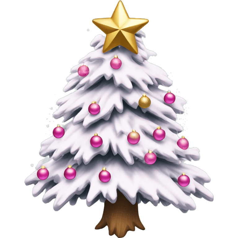 Snow covered pine Christmas tree with pink ornaments and snowflake star gold bows emoji