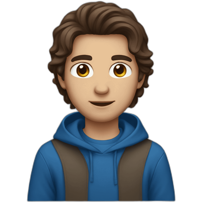 guy with middle long brown hair, big brown eyes and blu hoodie emoji