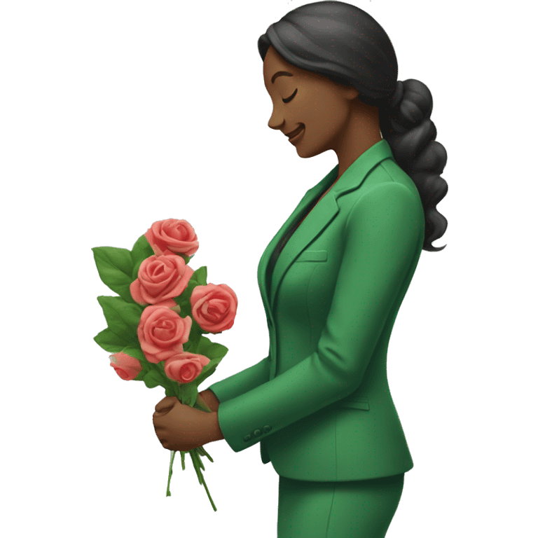 woman in green suit peeling roses petals emoji