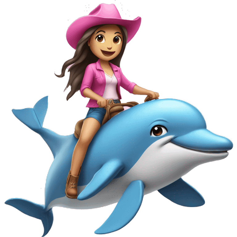 girl riding a dolphin, both wearing a pink cowboy hat emoji