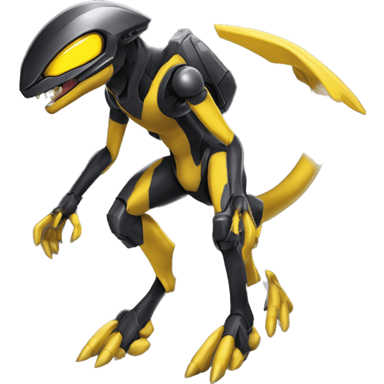 a shiny black-yellow Genesect-Raptor-Fakémon—hybrid with a futuristic visor-helmet full body emoji