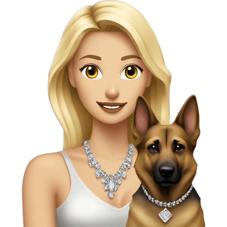 blonde beauty with jewelry indoors with German shepherd dog mix emoji