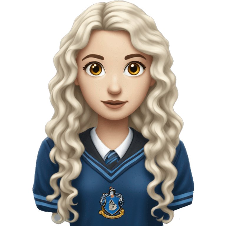 Hyper realistic White girl with long black curly hair wearing a ravenclaw school inform emoji