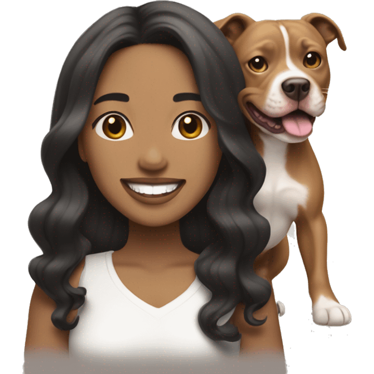 light skin woman with long wavy black hair expressing joy alongide a white and brown pitbull emoji