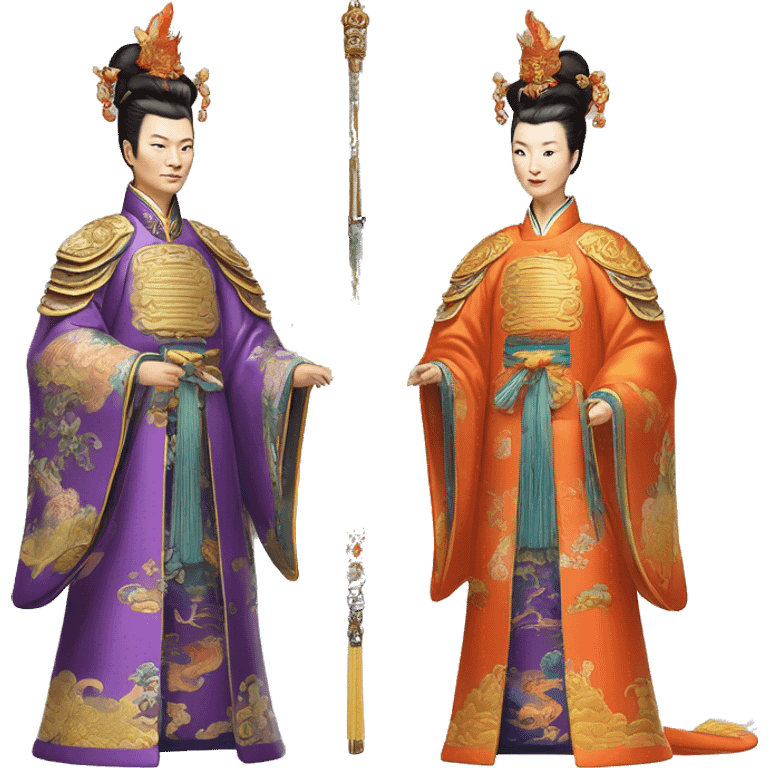 Qianlong, Qing dynasty's emperor, is recognized by his majestic attire: dragon-adorned imperial robes, a court headdress, and a ceremonial scepter. 🐉👑 emoji