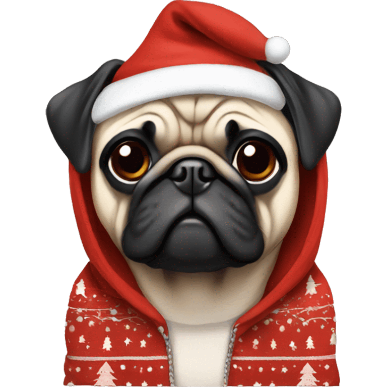 Pug wearing christmas hoodie emoji