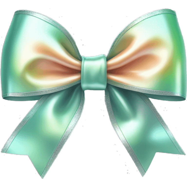 Realistic isolated metallic silver with mint green and peach sheen holographic bow. emoji