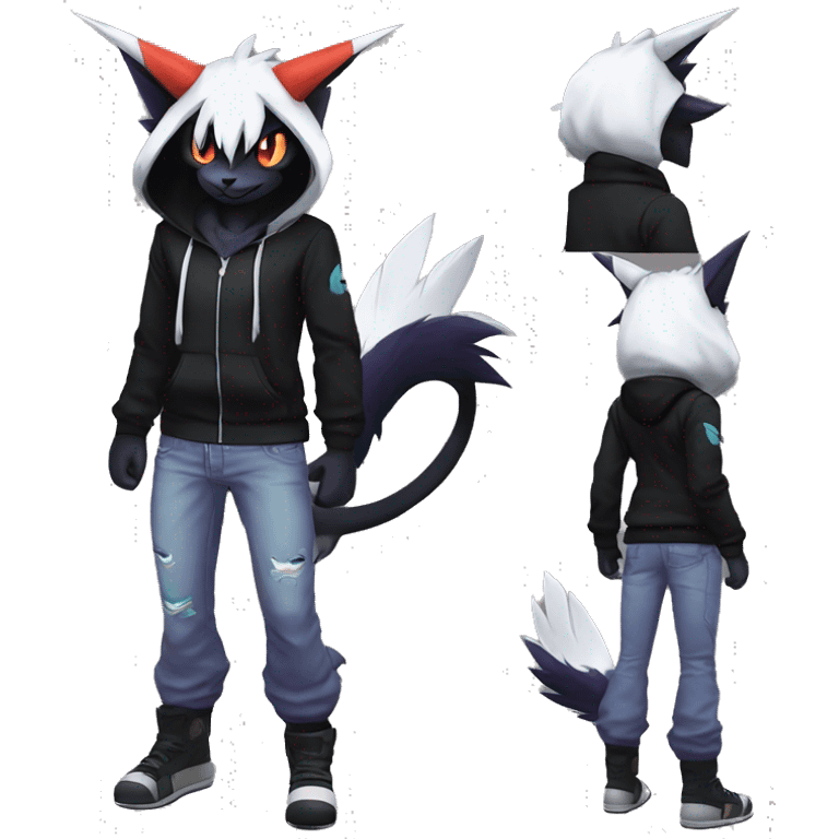 Cool Anthro Black Absol-Noivern-Quilava-Litten-Pokémon with edgy stripes hoodie spiked collar punk Full Body emoji