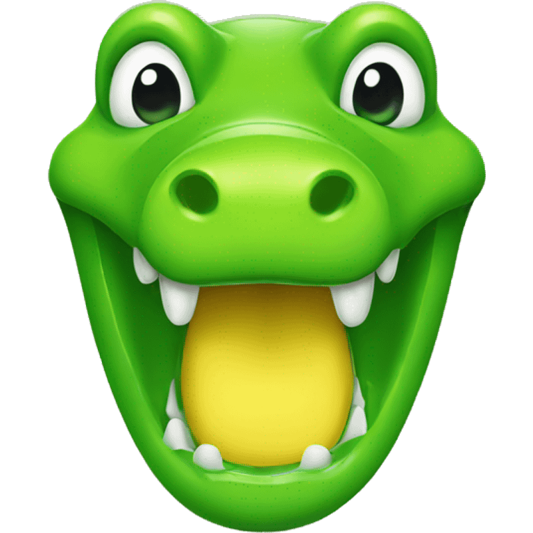 Emoji of a face of a yellow-fading-into-green gummy alligator emoji