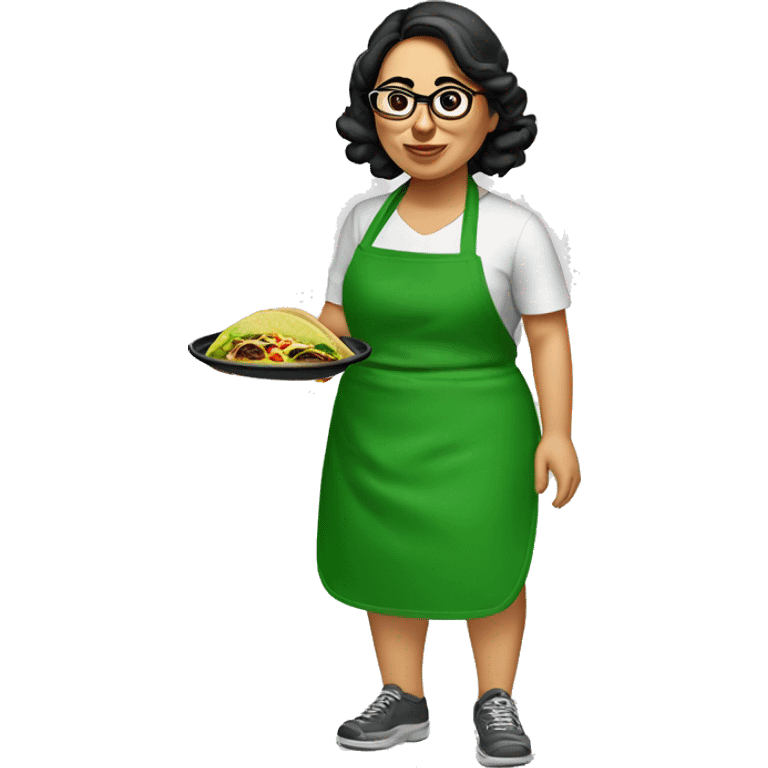 mexican chubby lady green apron  with glasses cooking tacos emoji