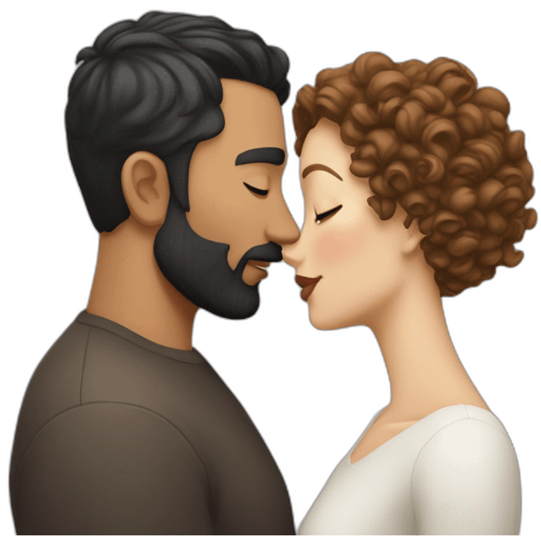 White man with a smooth black hair cut fade and a black beard kissing a White woman with long brown curly hair emoji