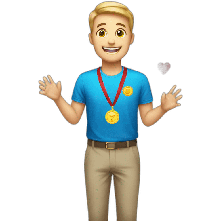 A happy man presenting a medal with hearts emoji