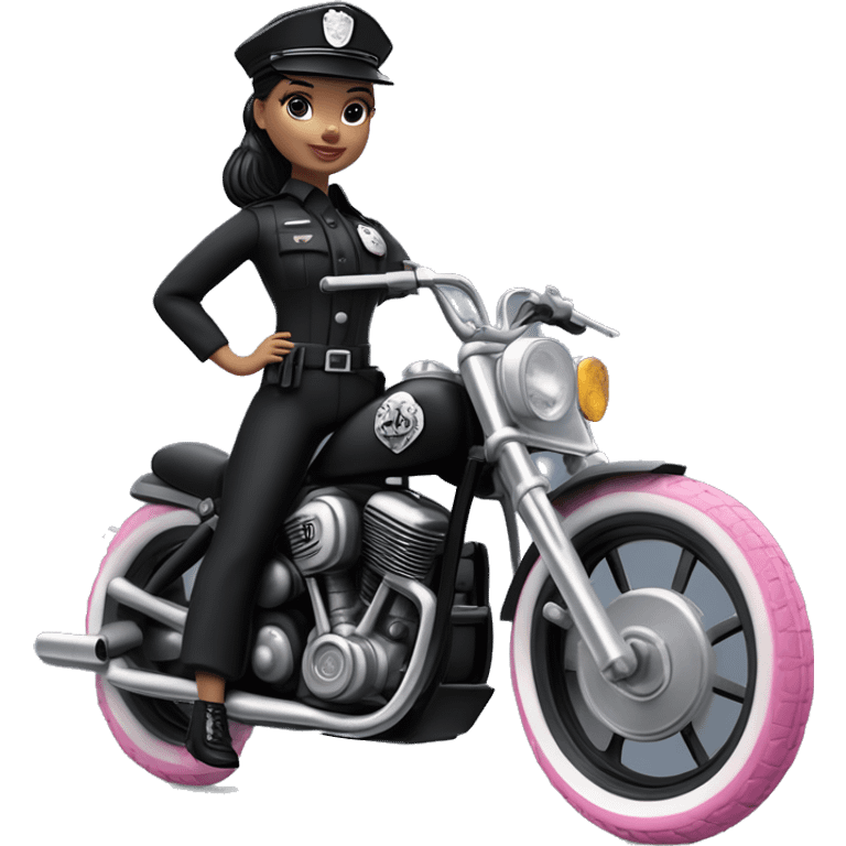 Bouclé Beauty Barbie, Wednesday Addams from academy, in vertically-striped dark-gray and black police officer’s uniform with small hat. Leaning back at the hips, riding a wheelie on a hot rod bike smiling  emoji