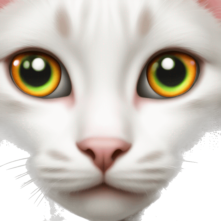 White kitten with orange and black spots  Green eyes, pink nose  Black spot on left eye  Orange spot on right eye emoji