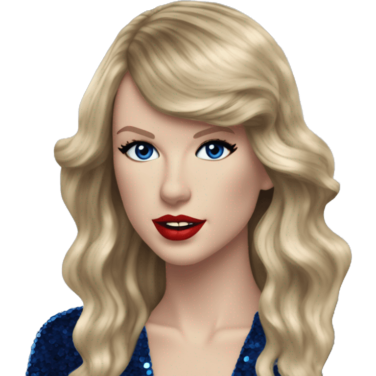 Realistic Taylor swift wearing navy blue glittery sequin bodysuit and long hair with red lipstick and blue eyes  emoji