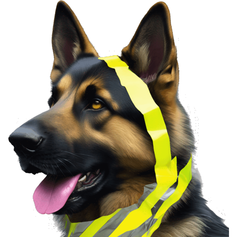 .Zombie_ Vaporwave black holographic oilslick zombie German shepherd dog yellow caution tape graffiti neon yellow stripes emoji