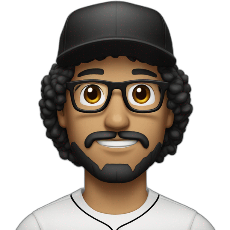 Latino man with long curly hair wearing black glasses brown eye and black baseball hat short black beard and mustache emoji