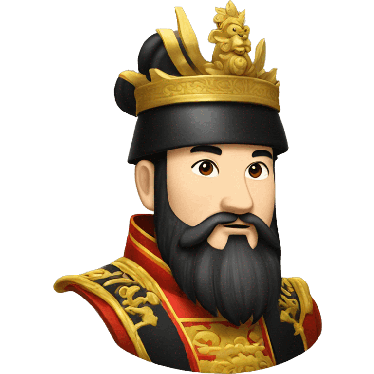 The Chinese emperor,with black hair and black beard,wore a high black golden hat  emoji