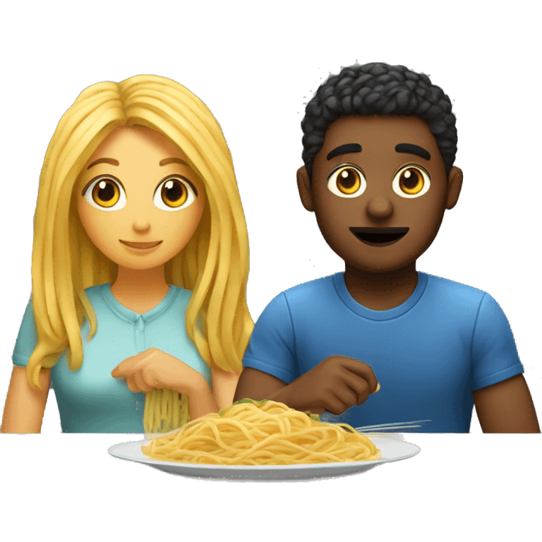 one girl and one guy sitting together at a table with spaghetti on the table emoji