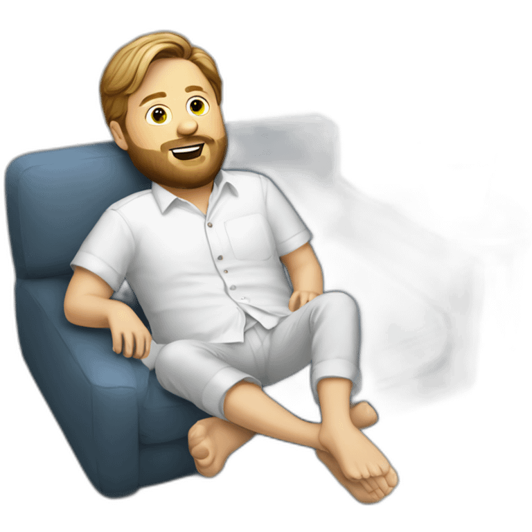 tim heidecker with a beard lazy lounging on couch white open button up shirt emoji