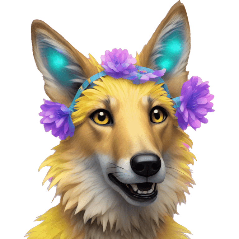  brindle fluffy lurcher Alsatian fox running blue eyes fluffy ears and iridescent holographic oilslick harness wearing paper flower crown yellow caution tape neon sign emoji