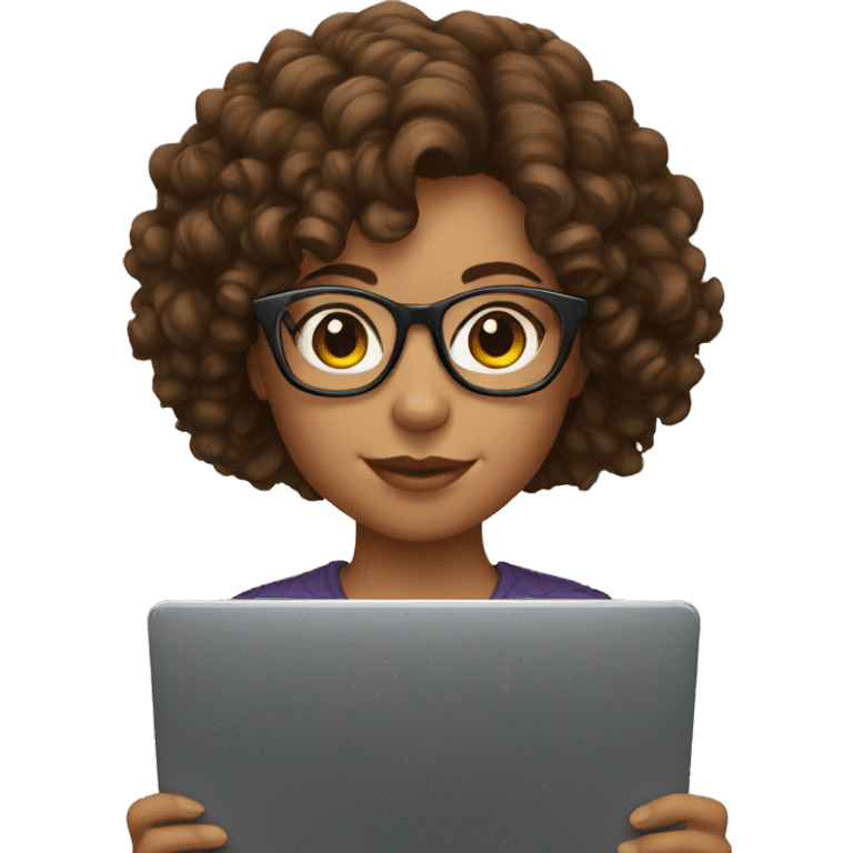 Girl with glasses and brown curly hair holding a laptop  emoji