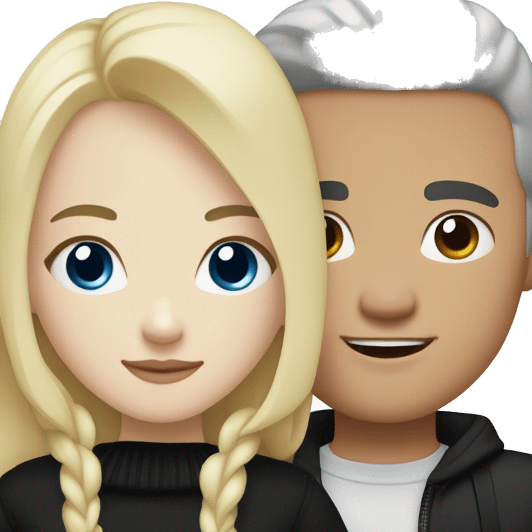 Blonde girl with blue eyes in black sweater and an east asian with light skin man with black hair and black eyes hugging emoji