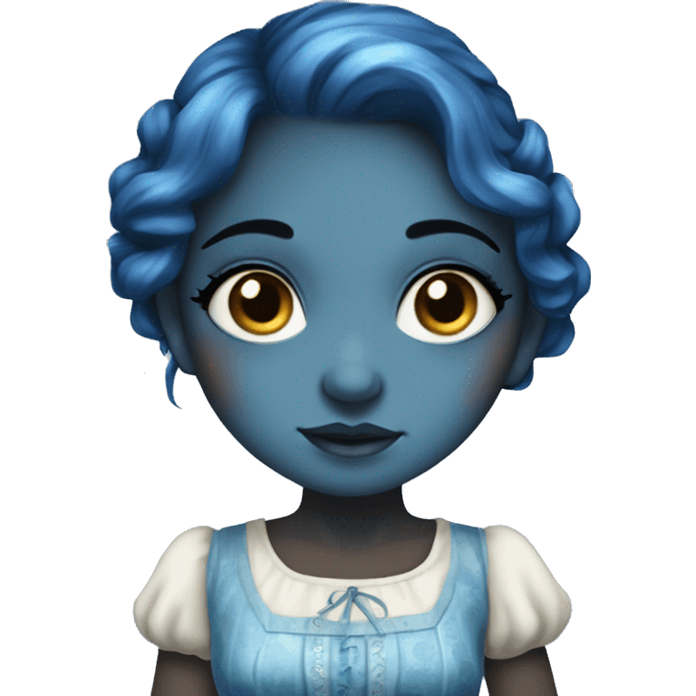 A beautiful blue skinned fantasy girl who has dark blue hair that shines. She has freckles on her nose and wears a cottage dress. emoji