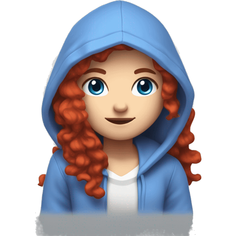 a white girl with long red curly hair, wearing periwinkle Minecraft hoodie playing a videogame emoji