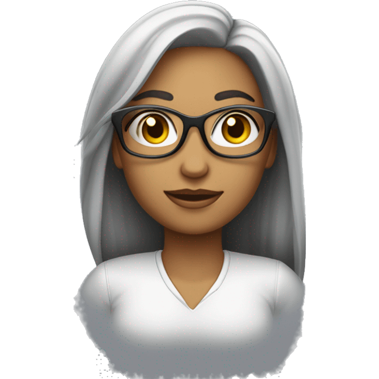 Uma mulher com cabelo claro ,usando óculos de grau com armação preta com um colar de contas com uma pena  emoji