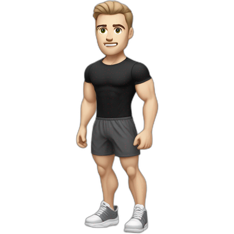 Pale skinned Fit Man With the biceps and dark brown hair in black shirt, gray sports shorts and white Sneakers emoji